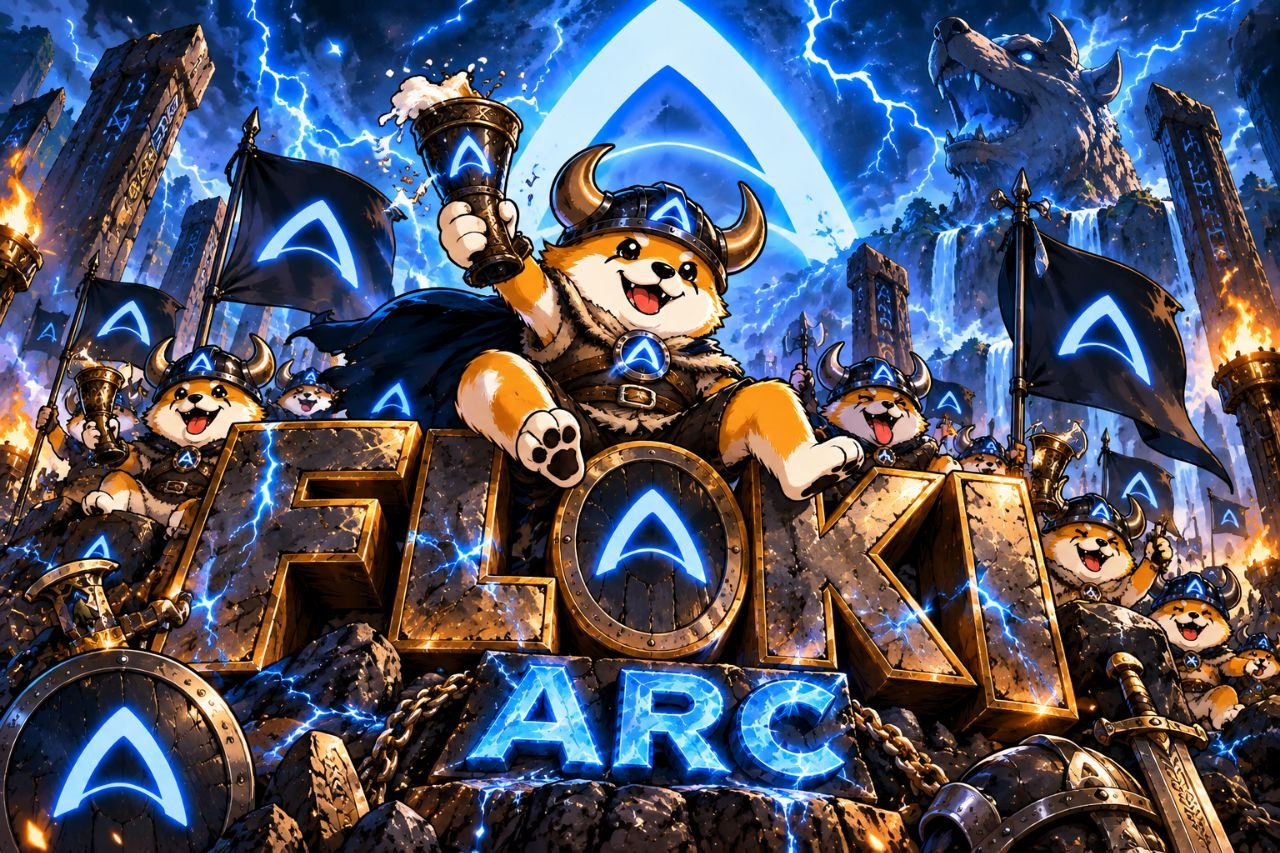 FLOKI Viking raising a horn above giant FLOKI ARC stone letters under blue lightning