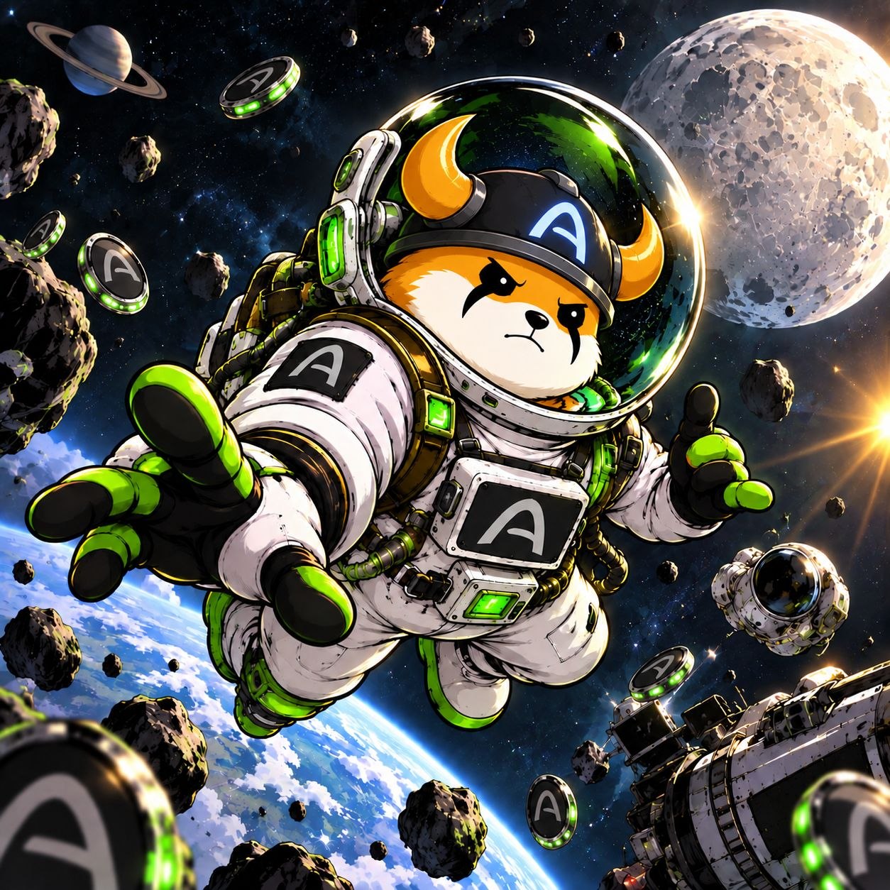 FLOKI mascot in an astronaut suit floating among asteroids and ARC coins