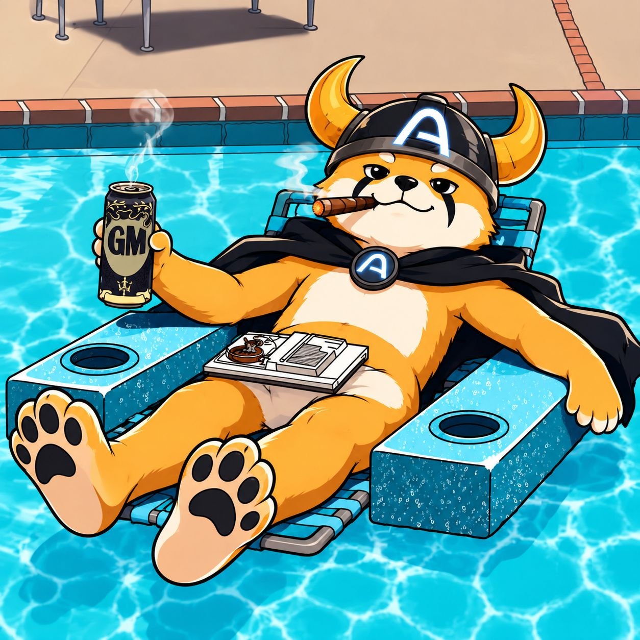 FLOKI mascot lounging on a pool float holding a GM can
