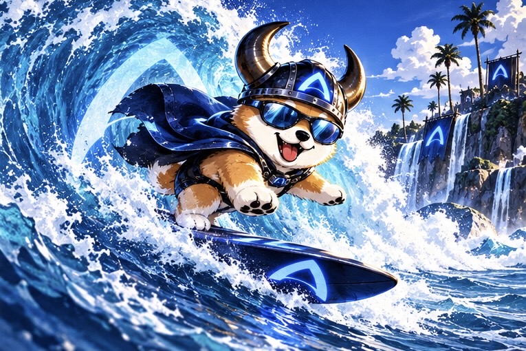 FLOKI mascot surfing an electric blue wave