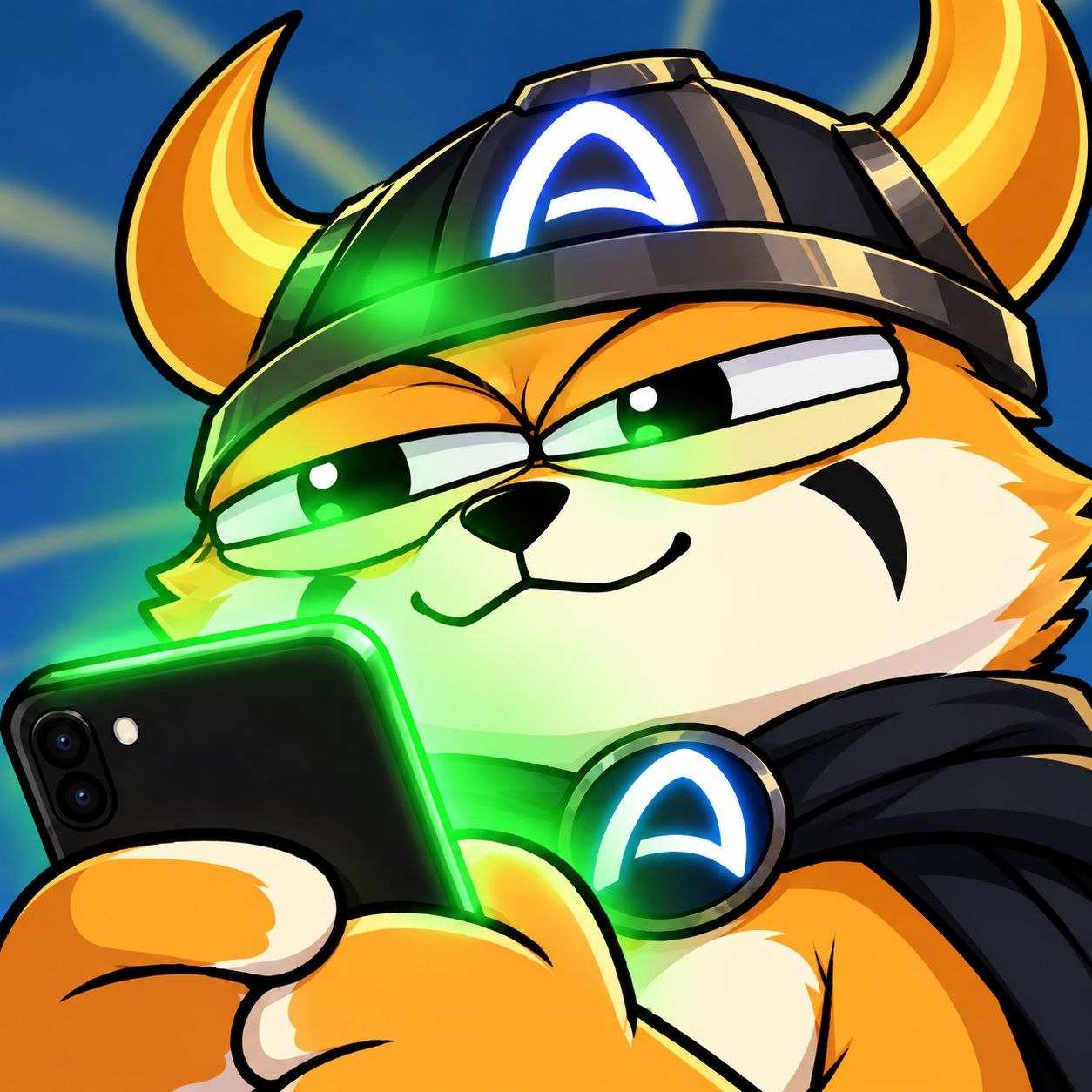 Close-up of FLOKI mascot smirking at a glowing phone screen