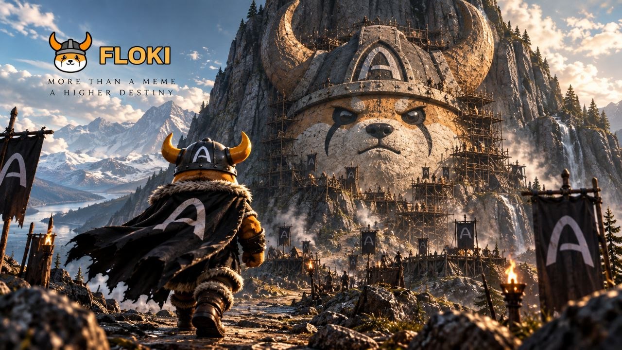 FLOKI Viking walking toward a mountain carved into a giant helmeted face